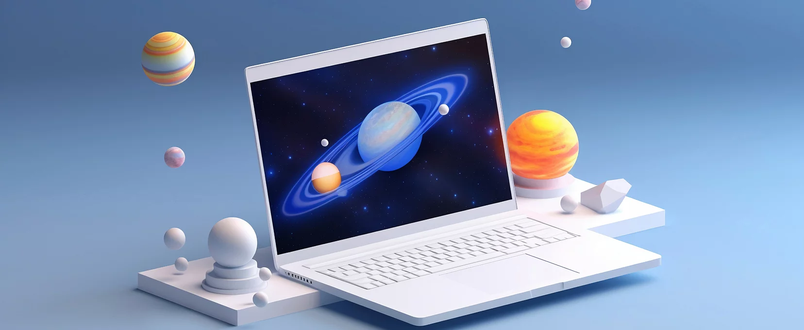 Laptop displaying floating digital icons representing online marketing, automation, and modern business tools.