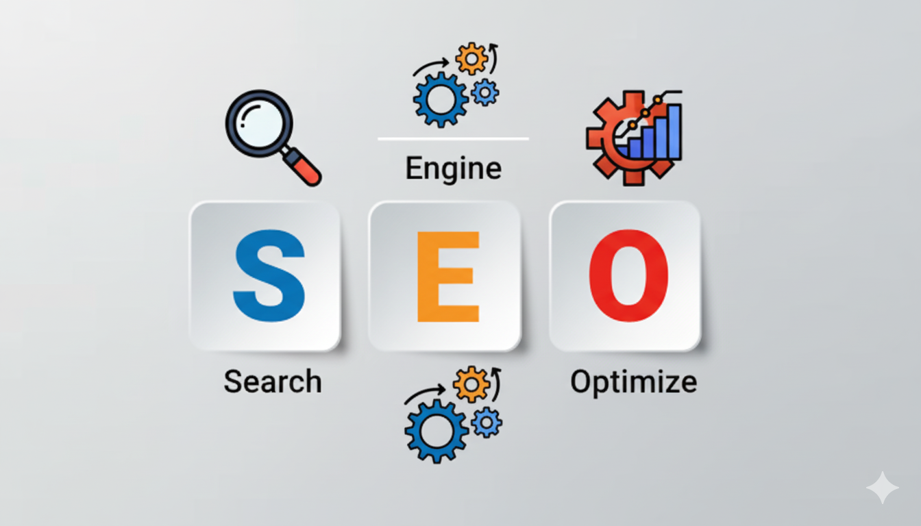 SEO concept illustration showing search, engine, and optimization icons connected by gears