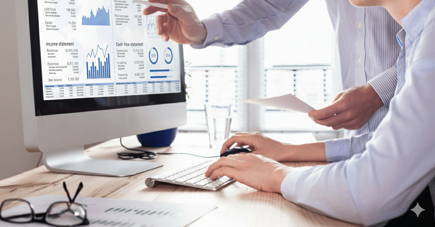 Two professionals reviewing analytics and charts on a large computer screen, discussing business performance and digital strategy