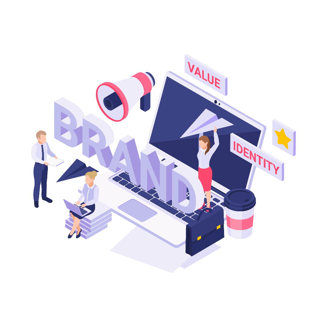 Branding and creative identity services in Ohio illustrated with isometric design elements representing marketing and brand development.