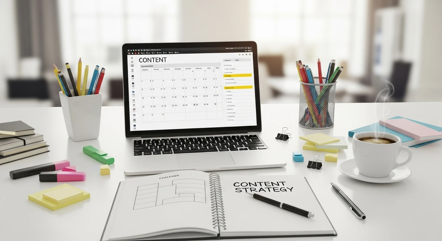 Laptop on a clean workspace surrounded by notebooks, pens, and creative materials, representing One80 Consultation’s content strategy and copywriting services.