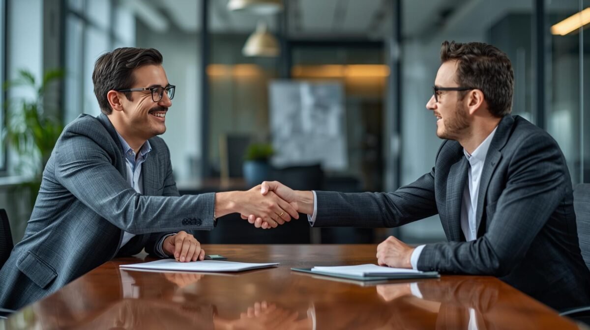 Business consultant and client shaking hands during a strategy meeting, symbolizing trust and partnership.