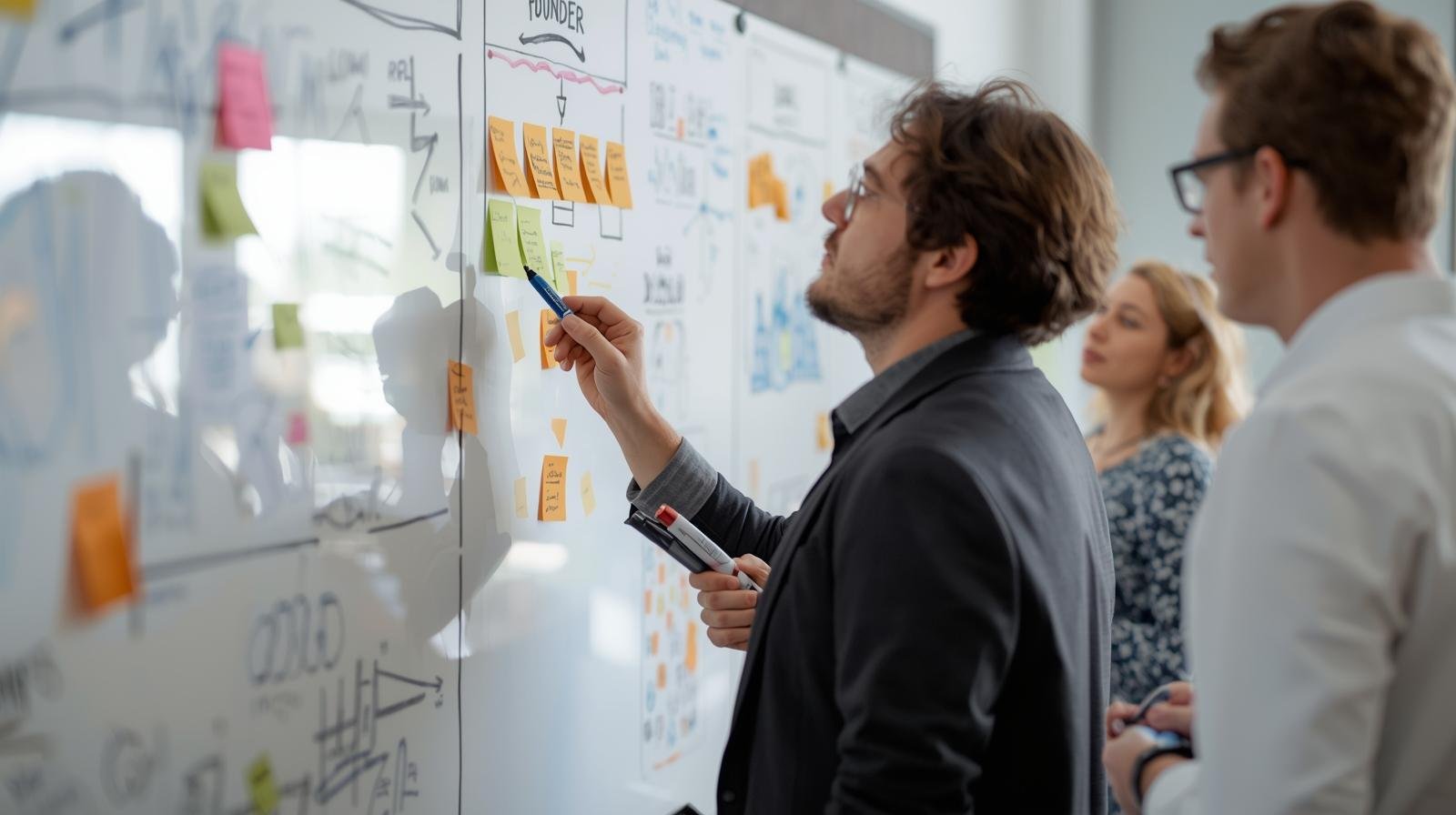 Business owner and consultant discussing strategy at a whiteboard during a planning session.