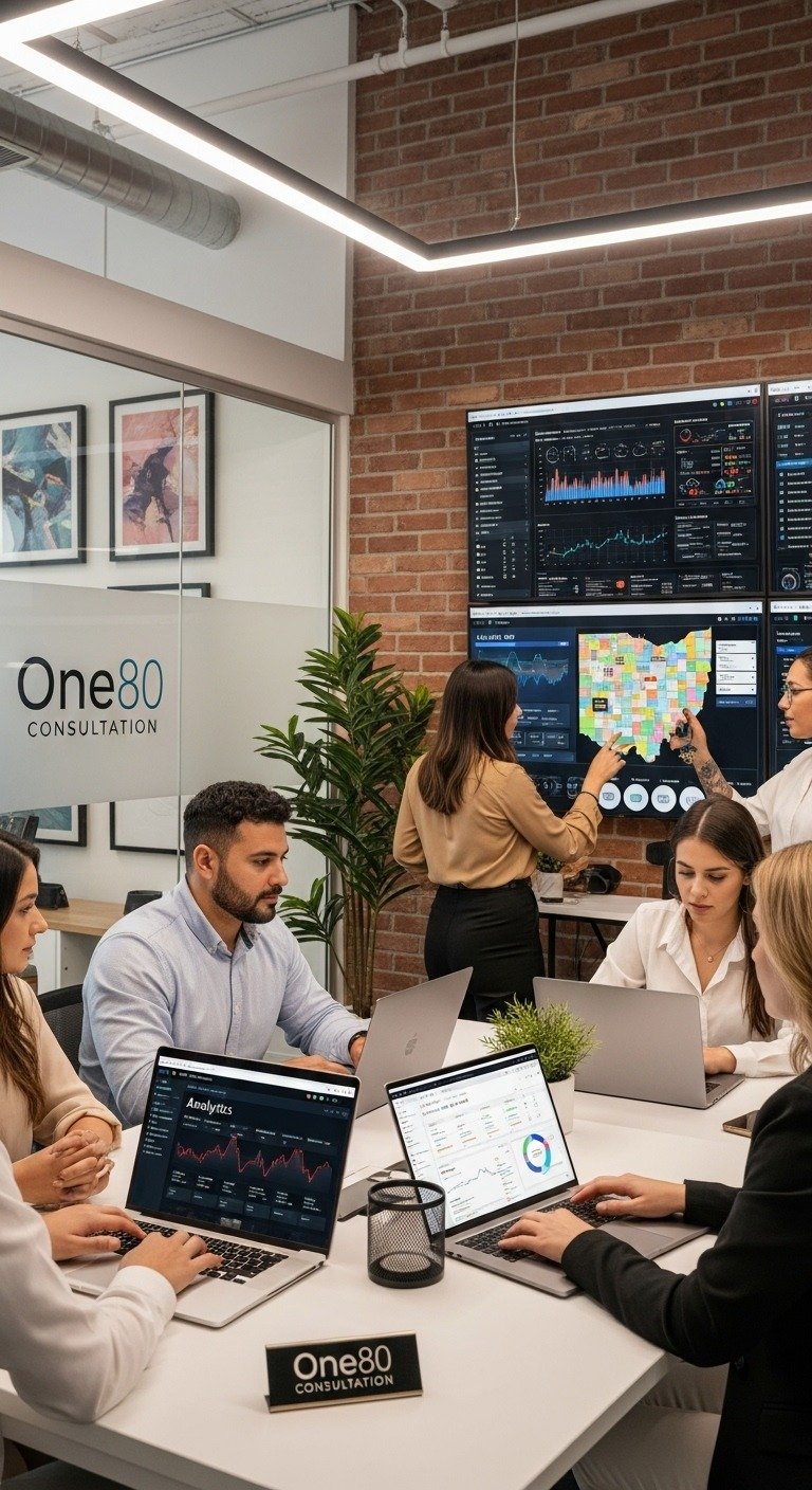 One80 Consultation team working in an Ohio office on local SEO strategy and digital marketing projects.