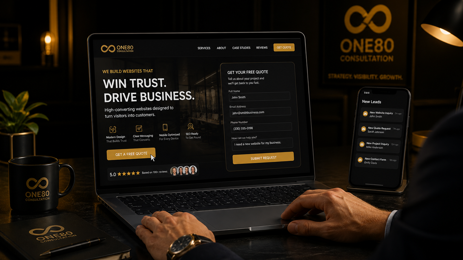 One80 Consultation high converting website landing page with call to action form generating leads and customer inquiries for Ohio and Pittsburgh businesses