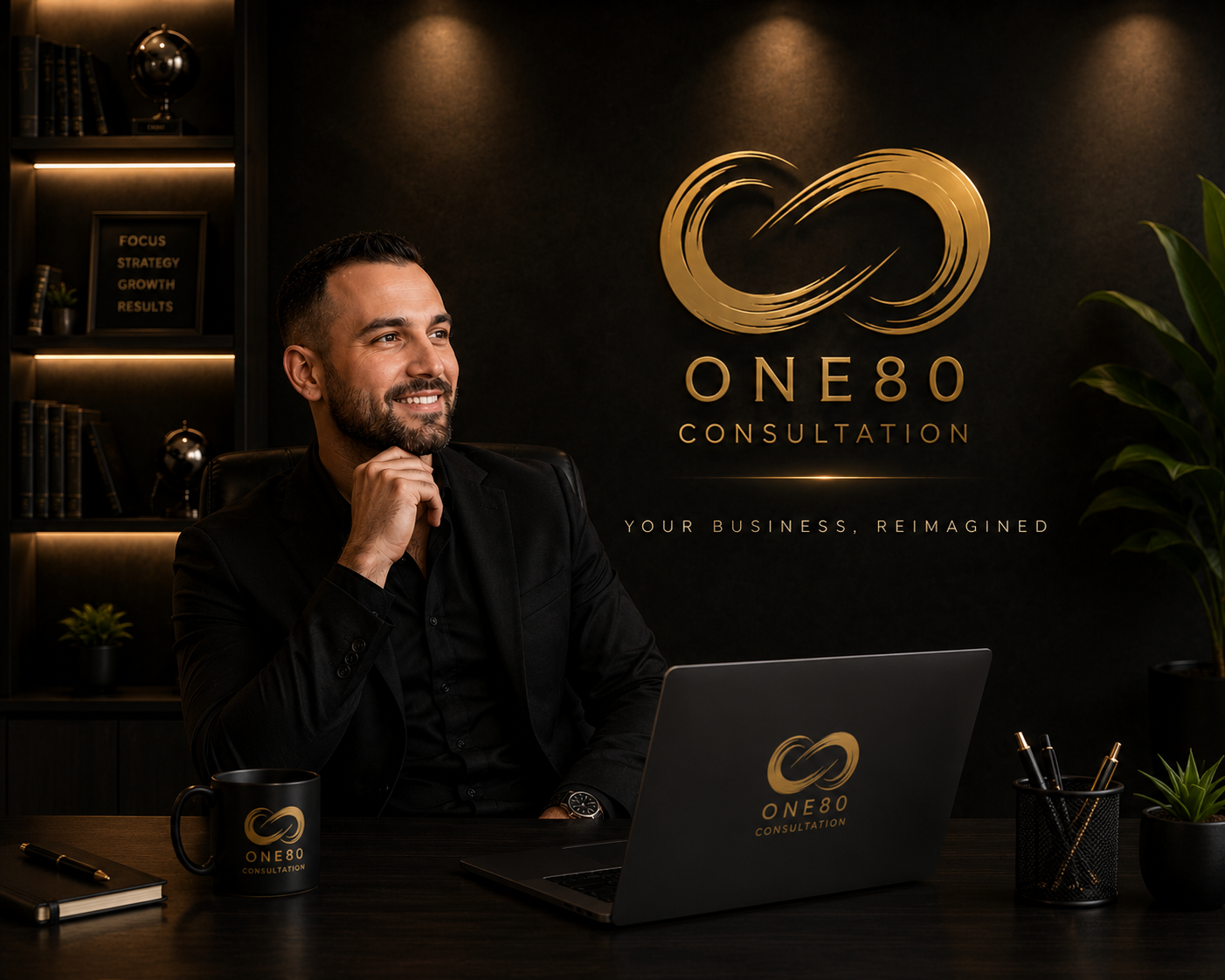 Luxury digital marketing agency office with One80 Consultation branding, showing professional workspace for SEO, web design, and lead generation services in Ohio and Pittsburgh
