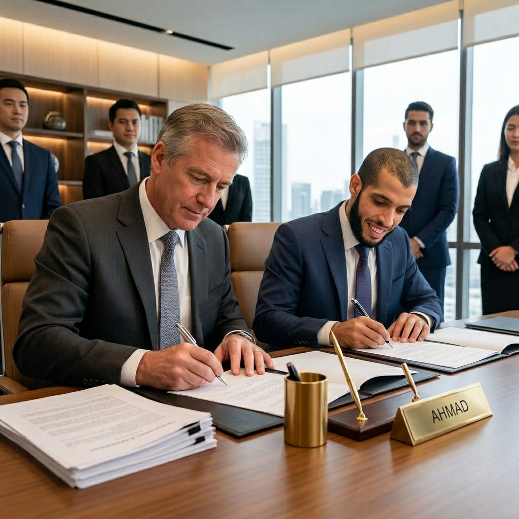 Business owner signing or reviewing a marketing agency agreement