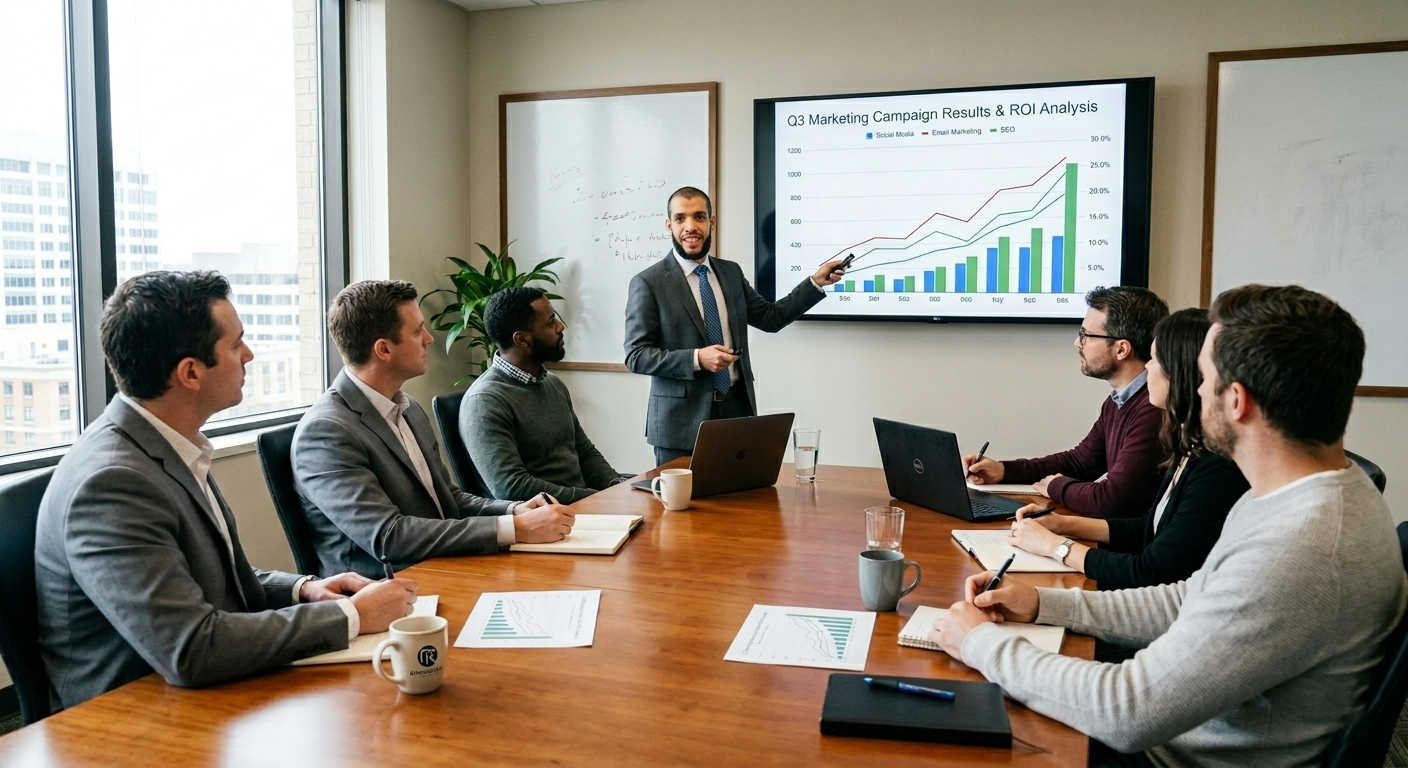 Month-to-month marketing agency client reviewing results report